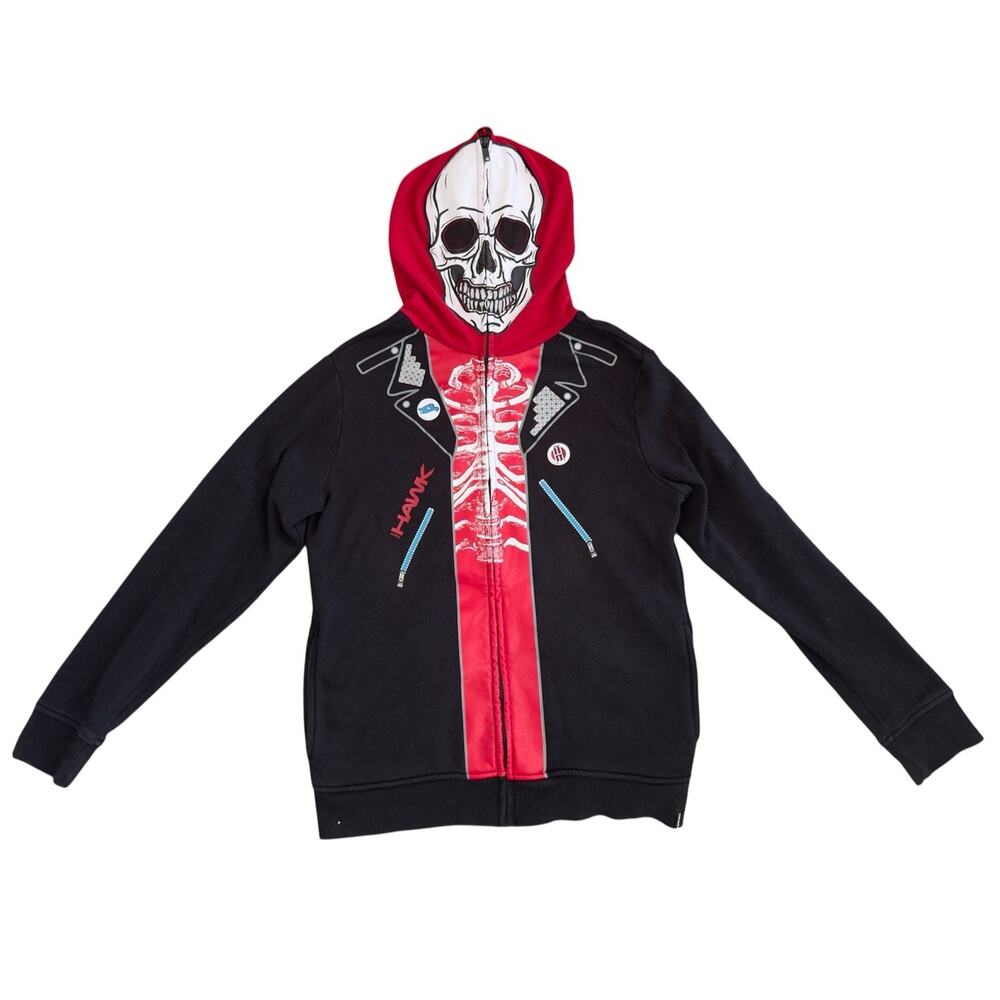 Tony Hawk Black Red Zip Up Hoodie Full Face Skeleton Skull Design Boys Large